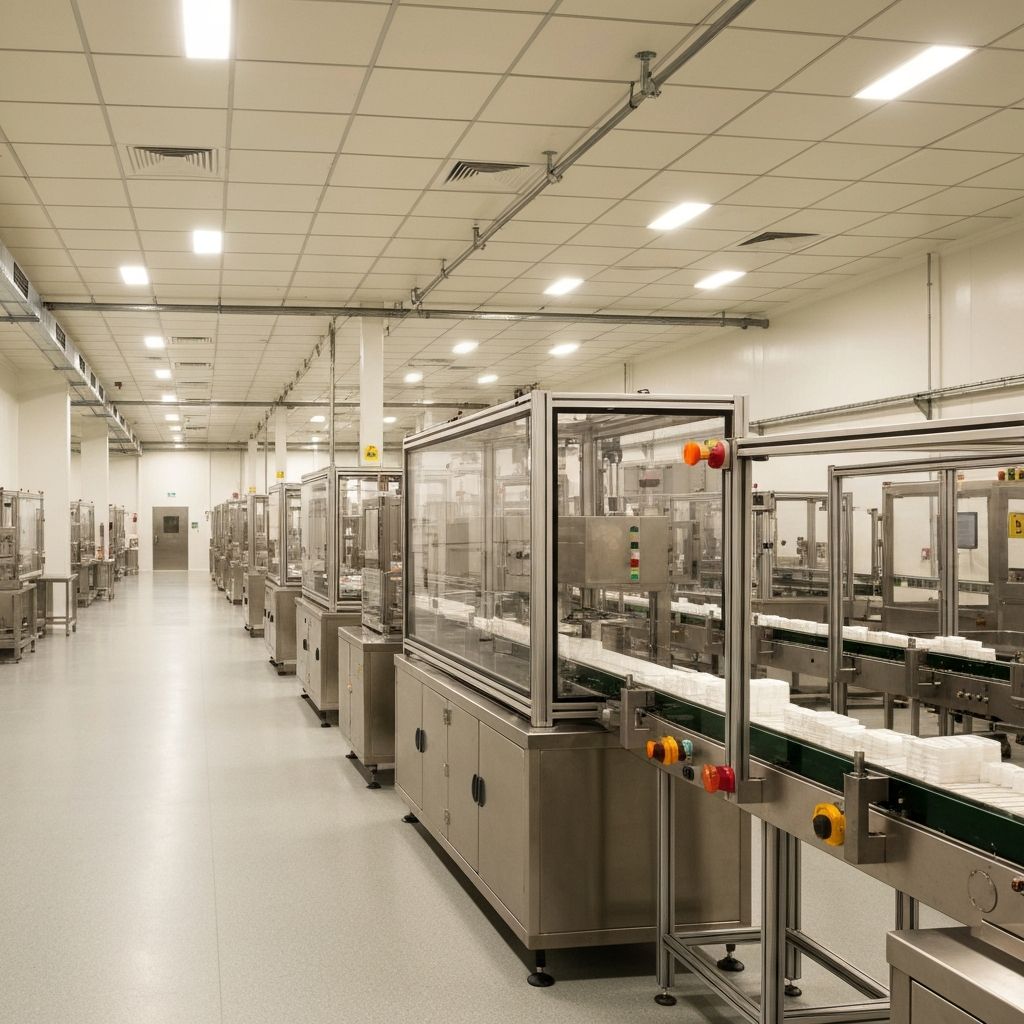 Съвременно производствено съоръжение с GMP стандарти, чиста индустриална среда с производствена линия за хранителни добавки