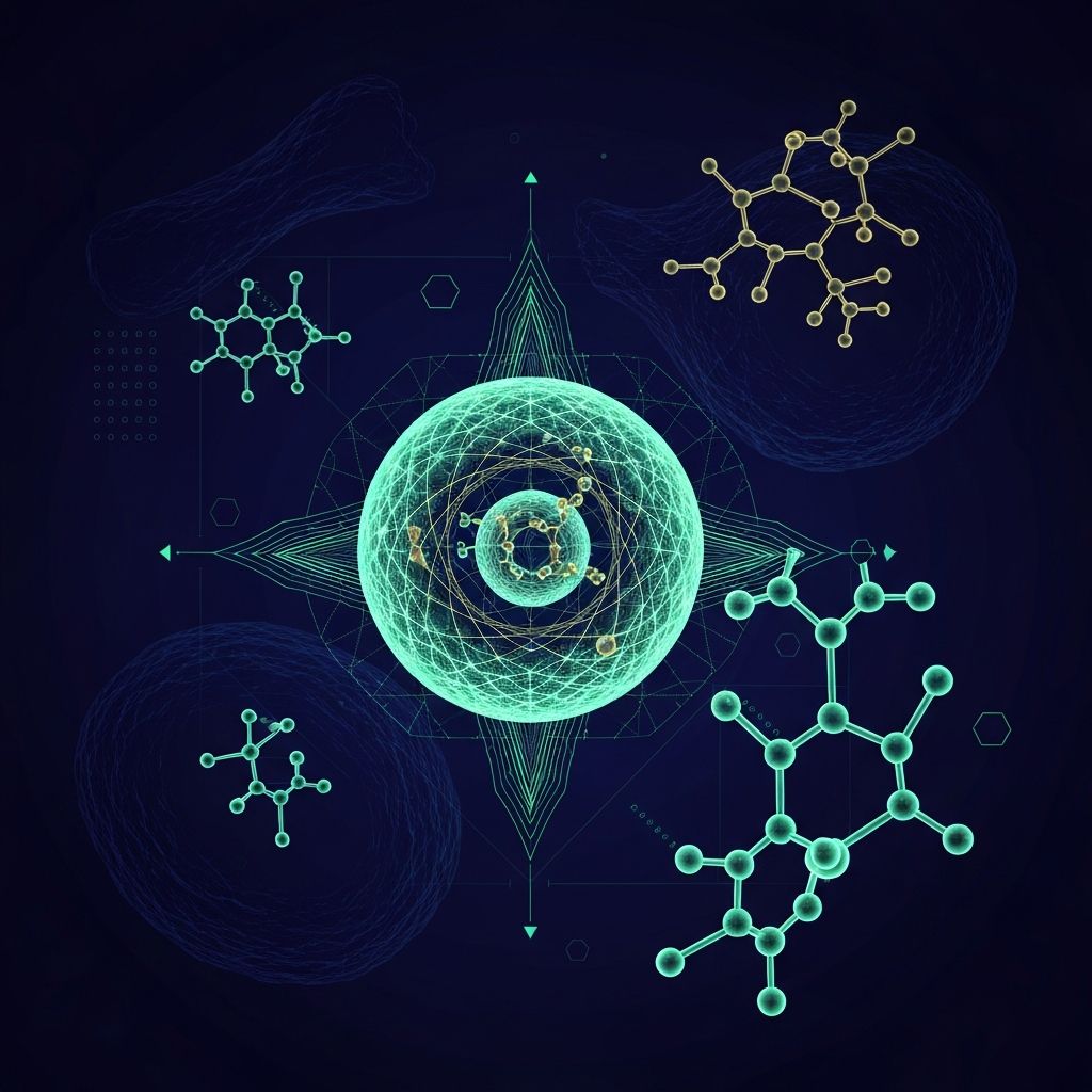 Абстрактна научна визуализация на молекулярни структури в синьо и злато